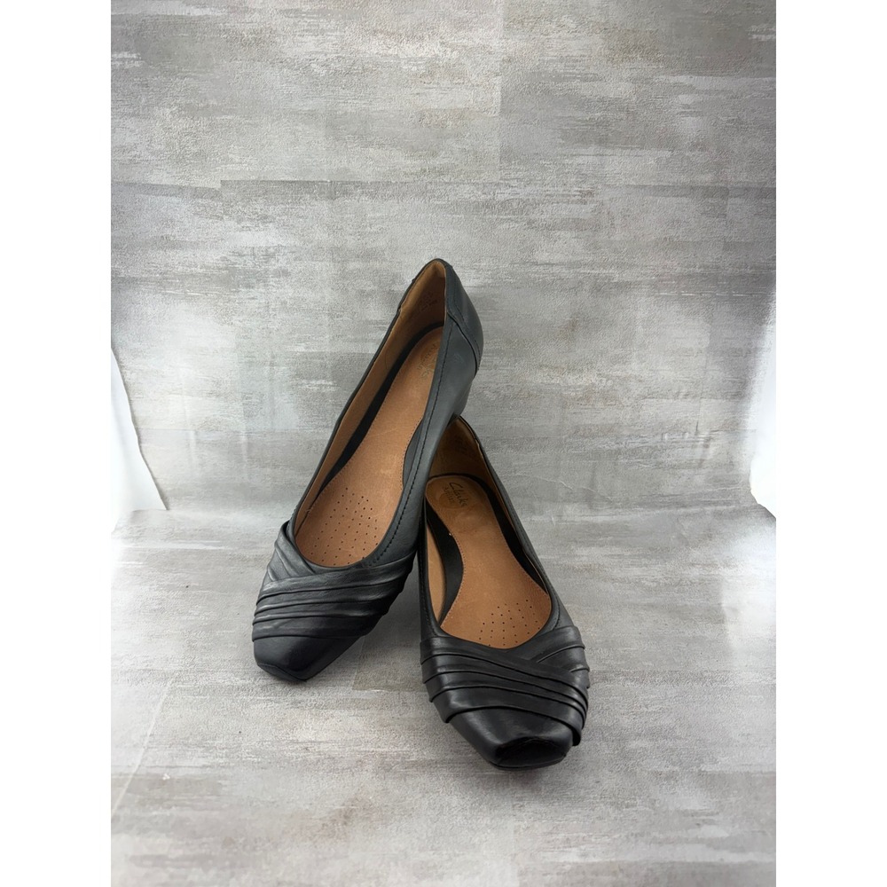 Clarks Artisan Black Leather Ruched Square Toe Low Wedge Pumps Women Sz 10M